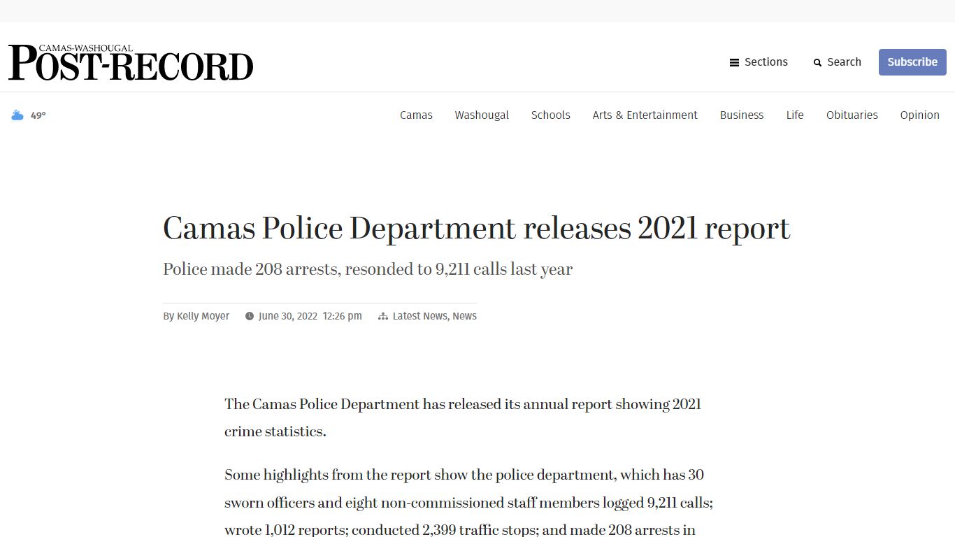 Camas Police Department releases 2021 report